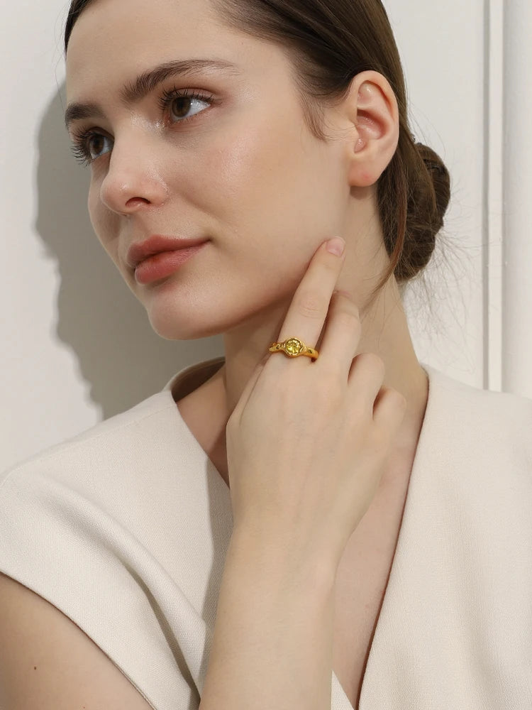E.B.belle Fashion Women's Shiny Single Champagne Color Zircon Thin Rings Gold Plated Stainless Steel  Jewelry Accessories