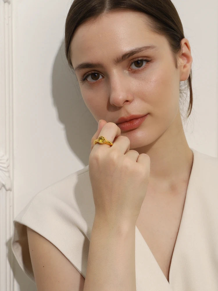 E.B.belle Fashion Women's Shiny Single Champagne Color Zircon Thin Rings Gold Plated Stainless Steel  Jewelry Accessories