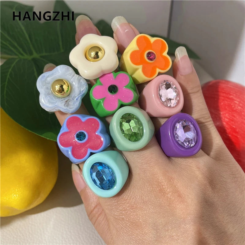 2022 New Sweet Multicolor Resin Oil Drip Ring for Women Geometric Oval Flowers Beads Rhinestones Ring Cute Jewelry HangZhi