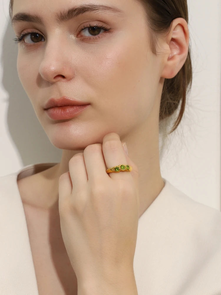 E.B.belle New Vintage Style Three Green Zircon Ring PVD Plated 316L Stainless Steel Simple Women Statement Finger Chic Jewelry
