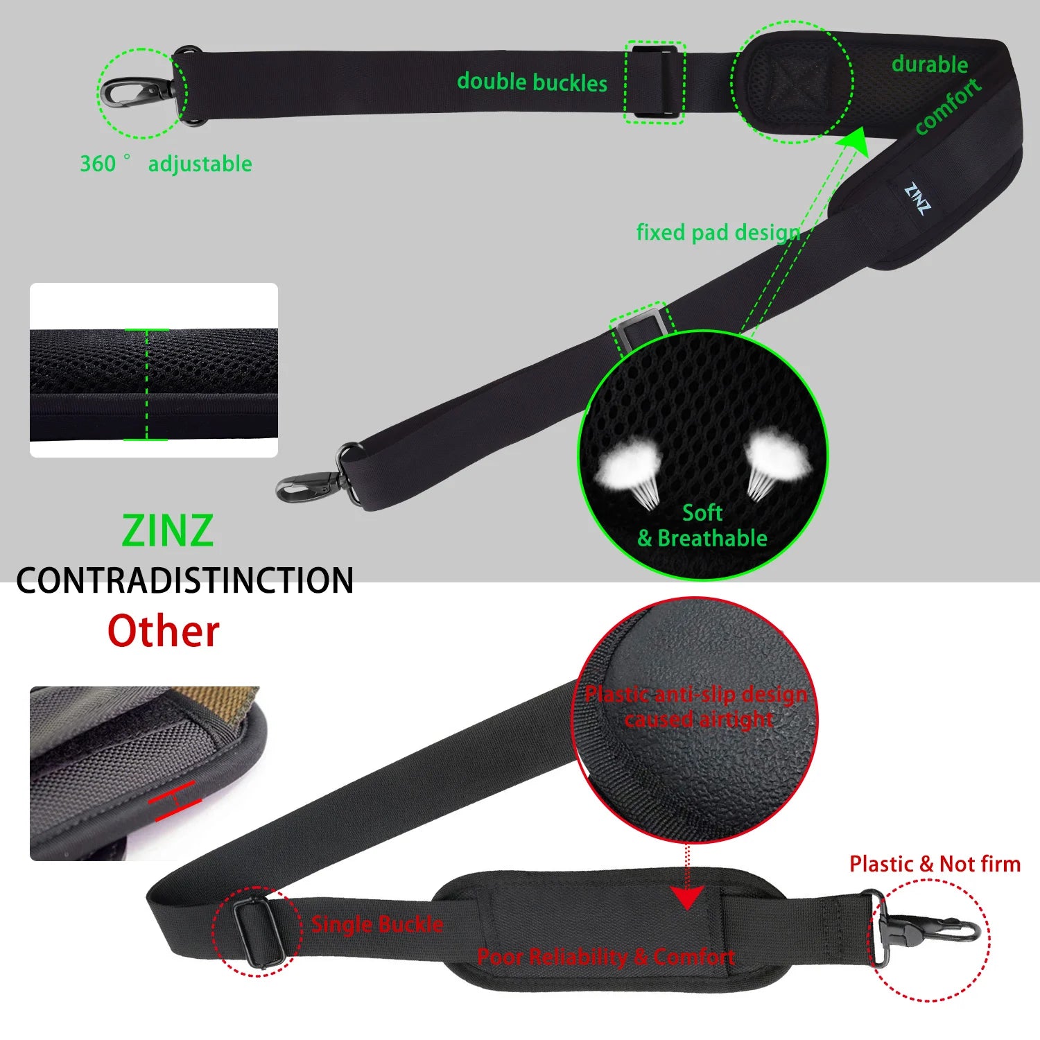 ZINZ 79 inch Shoulder Strap, Extra-thick Fixed Cushion Pad and Dual Clasps Universal Replacement Strap with Metal Swivel Hooks