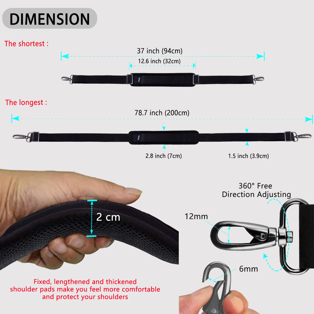 ZINZ 79 inch Shoulder Strap, Extra-thick Fixed Cushion Pad and Dual Clasps Universal Replacement Strap with Metal Swivel Hooks