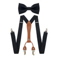 Adjustable Elasticated Y Shape Men Suspenders Bowtie  Set Black Elastic Clip-on Braces Belt with Leather  Suit  Business Wedding