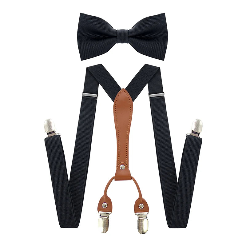 Adjustable Elasticated Y Shape Men Suspenders Bowtie  Set Black Elastic Clip-on Braces Belt with Leather  Suit  Business Wedding
