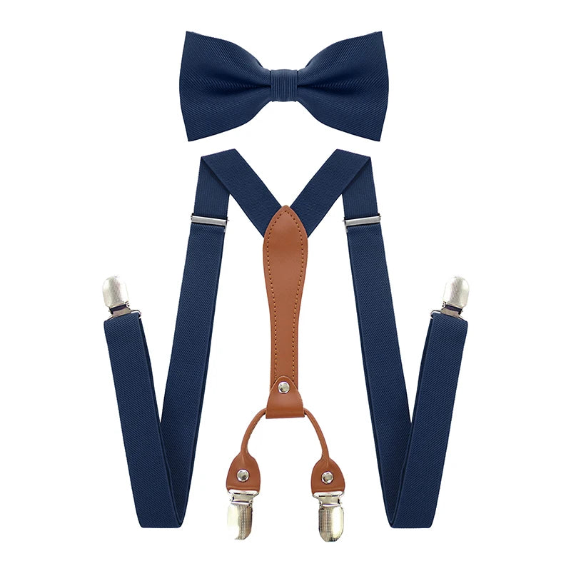 Adjustable Elasticated Y Shape Men Suspenders Bowtie  Set Black Elastic Clip-on Braces Belt with Leather  Suit  Business Wedding