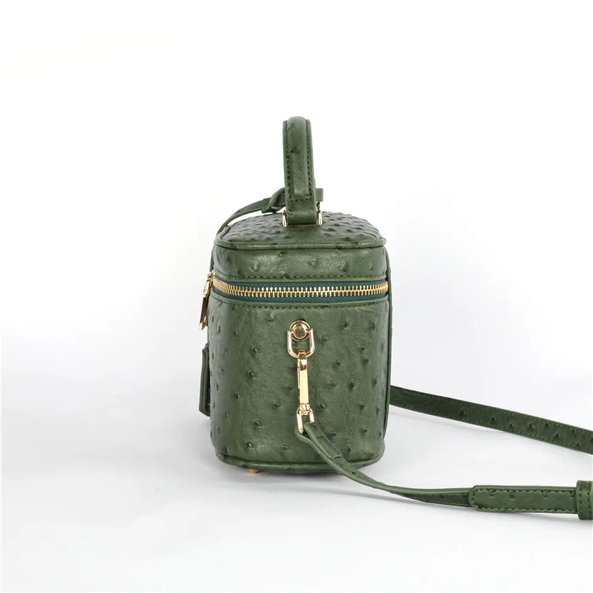 TOPHIGH Custom Design  Round Green Ostrich Leather Box Bag For Women 2025 Retro Bucket  Tote Bag  Snake Pattern Boxes Handbag