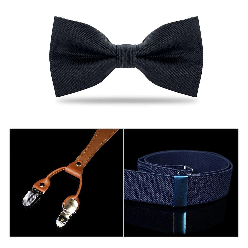 Adjustable Elasticated Y Shape Men Suspenders Bowtie  Set Black Elastic Clip-on Braces Belt with Leather  Suit  Business Wedding