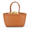 Women Leather Weave Handbags Feminine Handmade Woven Bucket Bag With Cotton Inner Pockets Casual Knitting Leather Handle Bags