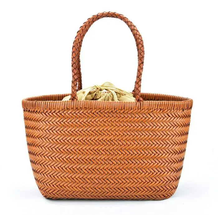 Women Leather Weave Handbags Feminine Handmade Woven Bucket Bag With Cotton Inner Pockets Casual Knitting Leather Handle Bags