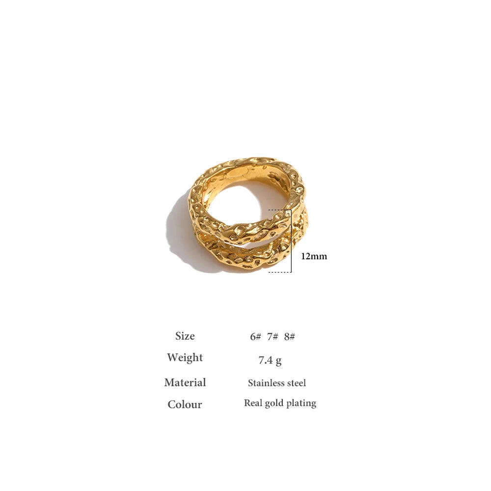 Yhpup Stainless Steel Round Rings For Women Gold Texture Metal 18 K Plated Statement Trendy Jewelry Bagues Pour Femme Gift