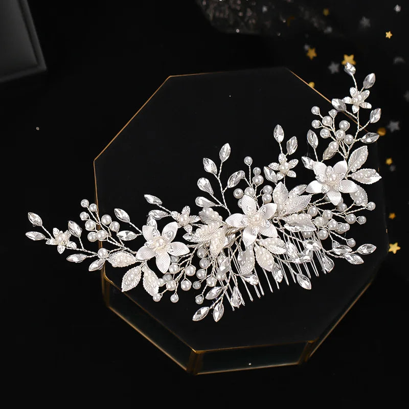 Silver Color Flower Hair Comb Wedding Hair Jewelry Fashion Pearl Rhinestone Hair Clip Bridal Party Tiaras Luxury Side Barrettes