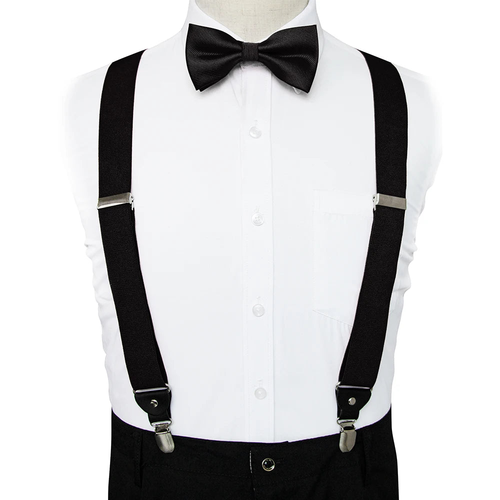 Fashion Suspenders Men Elastic Band Suspenders Bowtie Set Leather 6 Clips Brace Male Vintage Casual Wedding Party Husband's Gift