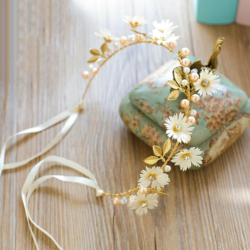 Sweet Flower Headband With Ribbon Wreath Wedding Party Ladies Girls Garlands Floral Crown Hairband Hair Accessories for Women ML