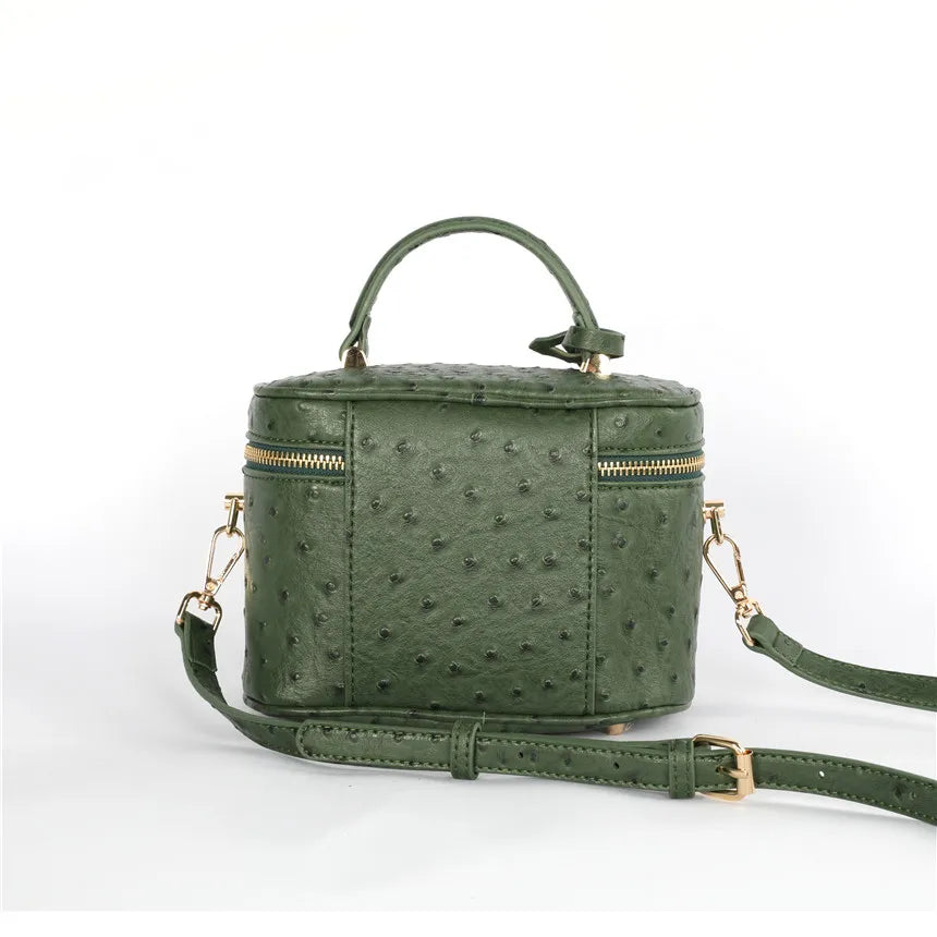 TOPHIGH Custom Design  Round Green Ostrich Leather Box Bag For Women 2025 Retro Bucket  Tote Bag  Snake Pattern Boxes Handbag