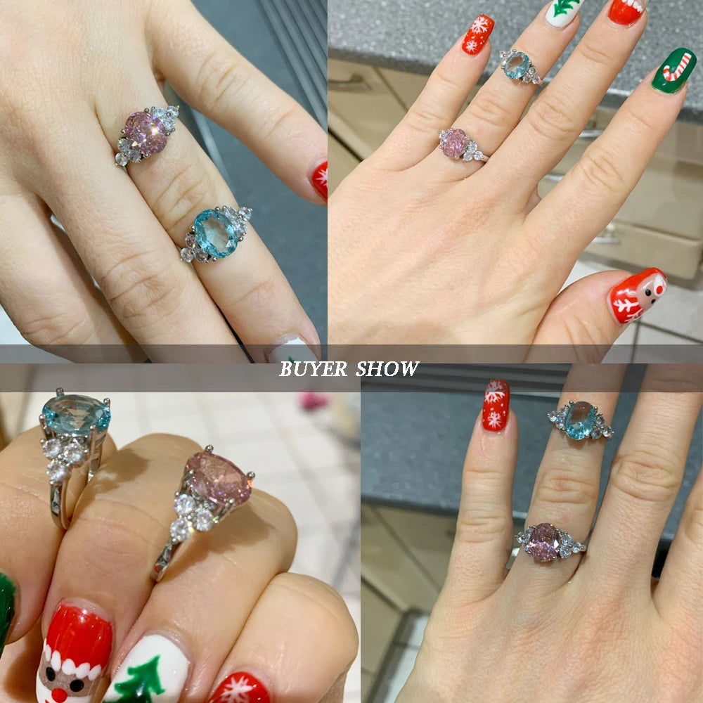 Women's Jewelry Silver Plated Rings White Pink Light Blue Champagne Zircon Oval Wedding Ring