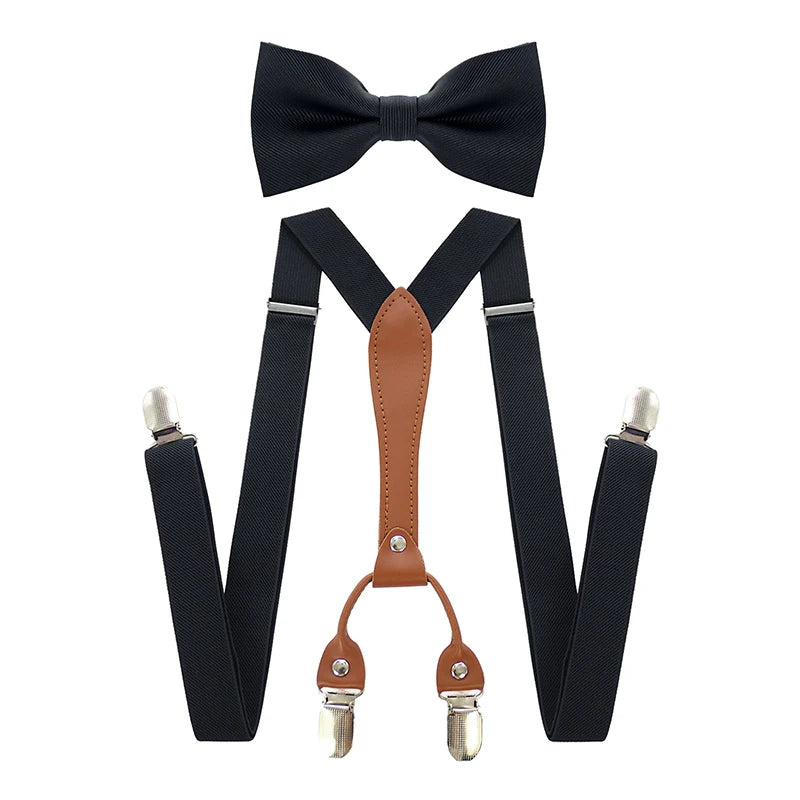 Adjustable Elasticated Y Shape Men Suspenders Bowtie  Set Black Elastic Clip-on Braces Belt with Leather  Suit  Business Wedding