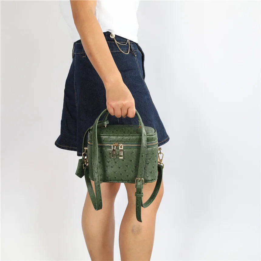 TOPHIGH Custom Design  Round Green Ostrich Leather Box Bag For Women 2025 Retro Bucket  Tote Bag  Snake Pattern Boxes Handbag