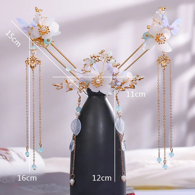 Chinese Hanfu Hairpins Vintage Hair Accessories Long Tassel Flower Hair Stick For Women Traditional Hair Clip Retro Hair Jewelry