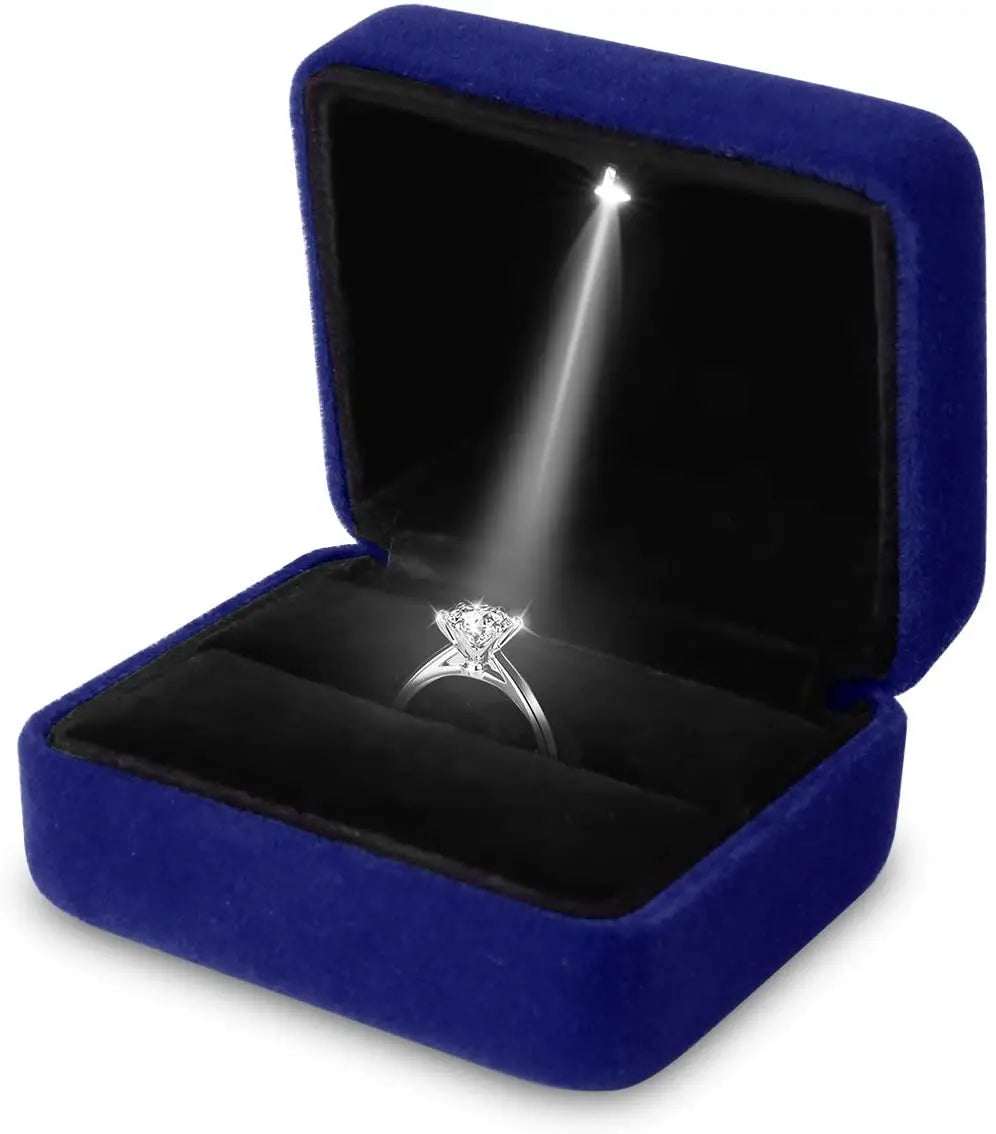Square Velvet Ring Box LED Light Jewelry Gift Display Case Engagement and Wedding Ring Box Holder Case Storage Gift Box