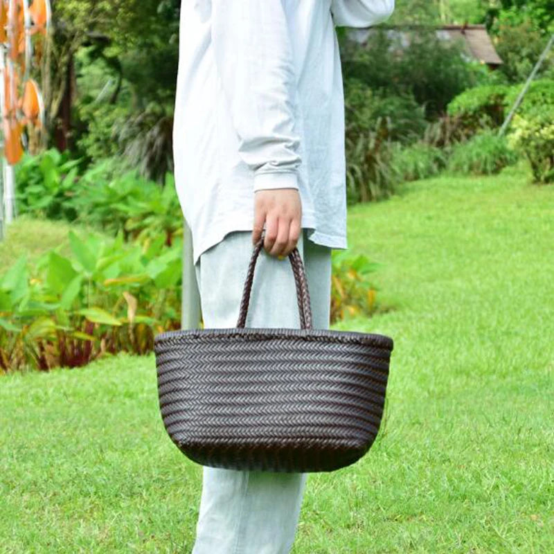 Women Leather Weave Handbags Feminine Handmade Woven Bucket Bag With Cotton Inner Pockets Casual Knitting Leather Handle Bags