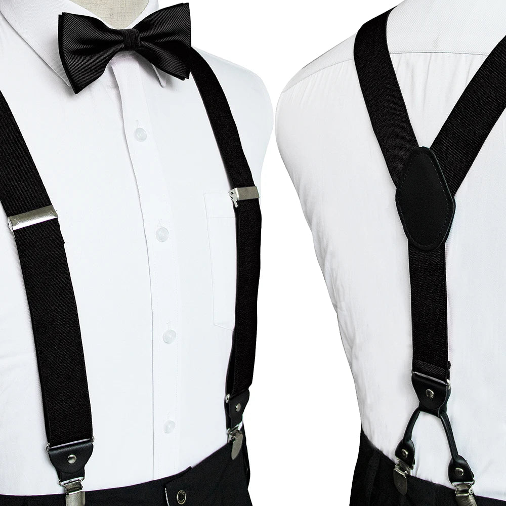 Fashion Suspenders Men Elastic Band Suspenders Bowtie Set Leather 6 Clips Brace Male Vintage Casual Wedding Party Husband's Gift