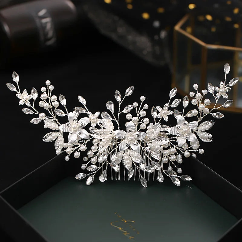 Silver Color Flower Hair Comb Wedding Hair Jewelry Fashion Pearl Rhinestone Hair Clip Bridal Party Tiaras Luxury Side Barrettes