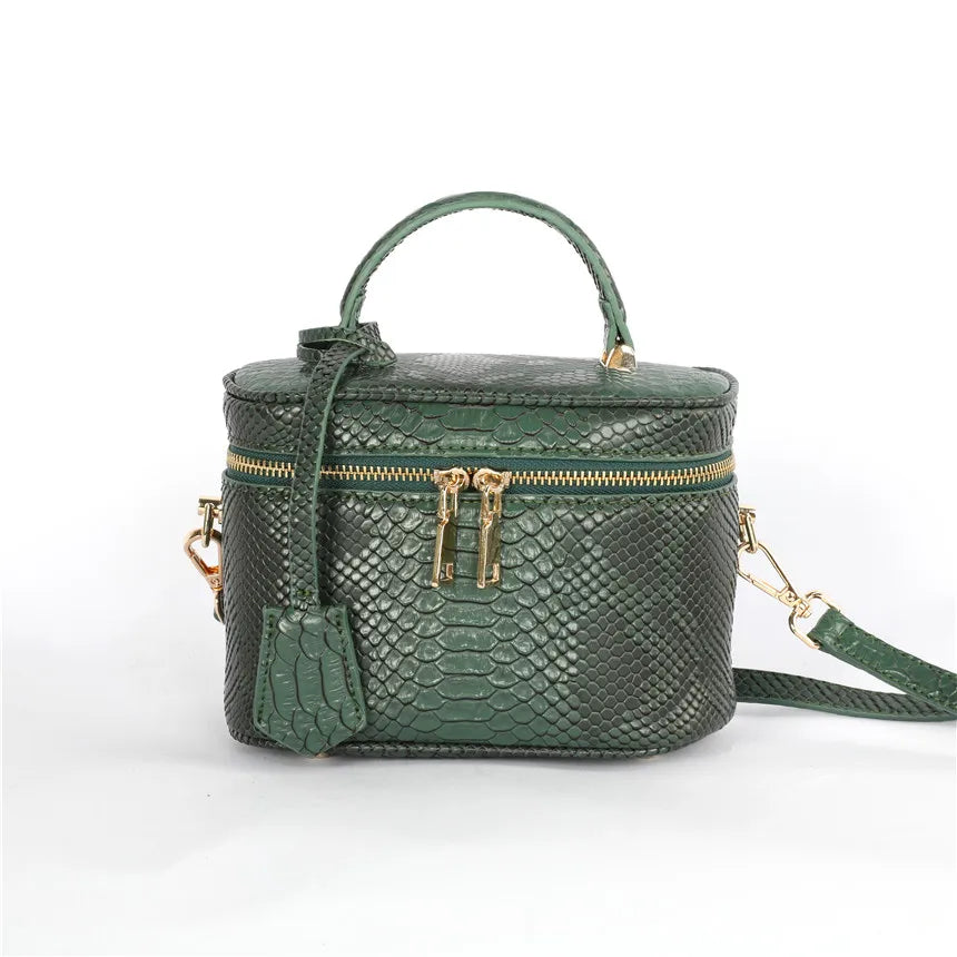 TOPHIGH Custom Design  Round Green Ostrich Leather Box Bag For Women 2025 Retro Bucket  Tote Bag  Snake Pattern Boxes Handbag