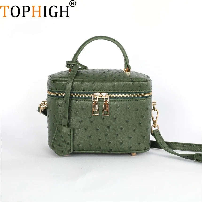 TOPHIGH Custom Design  Round Green Ostrich Leather Box Bag For Women 2025 Retro Bucket  Tote Bag  Snake Pattern Boxes Handbag