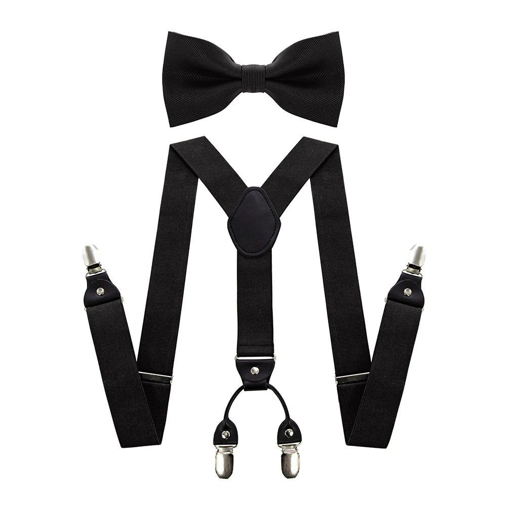 Fashion Suspenders Men Elastic Band Suspenders Bowtie Set Leather 6 Clips Brace Male Vintage Casual Wedding Party Husband's Gift