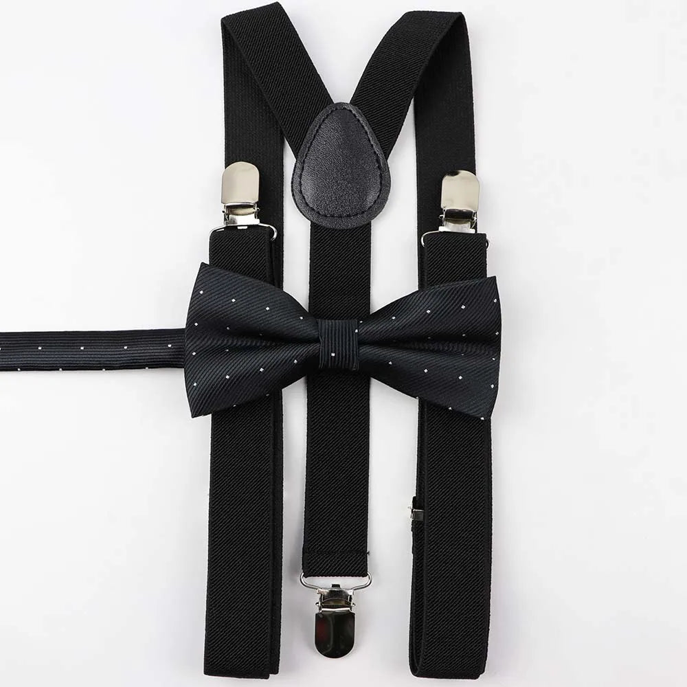 Solid Color Man's Belt Bowtie Set Men Women Suspenders Polyester Y-Back Braces Star Silver Point Bow Tie Adjustable Elastic