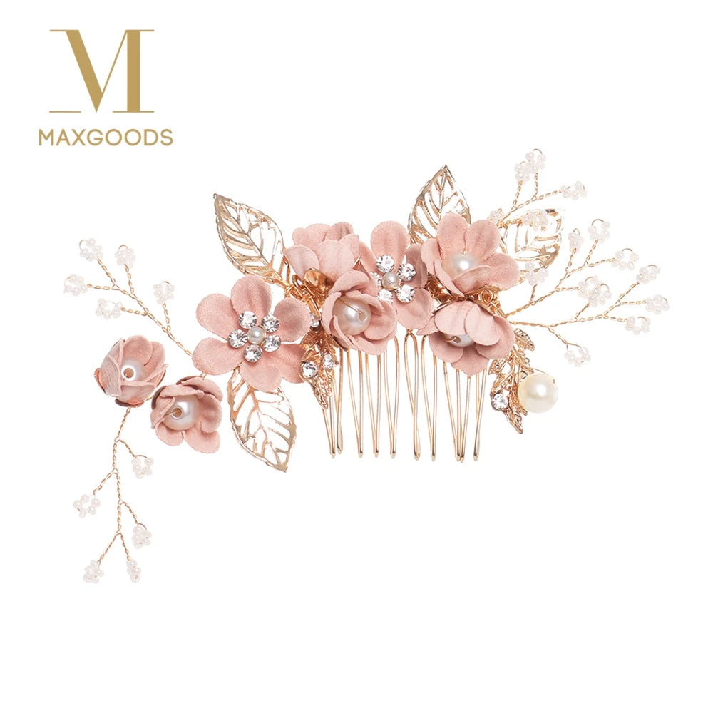 Luxury Blue Flower Hair Combs Headdress Prom Bridal Wedding Hair Accessories Gold Leaves Hair Jewelry Hair Pins
