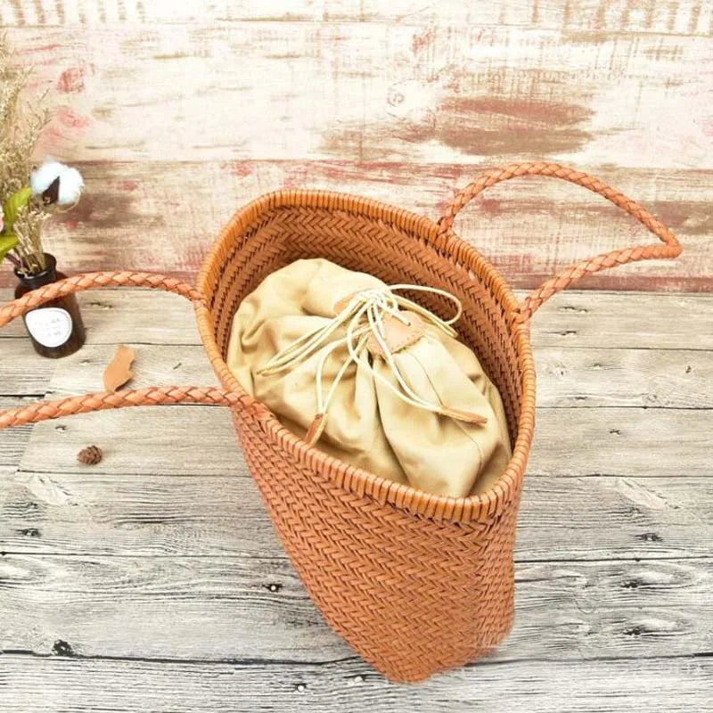 Women Leather Weave Handbags Feminine Handmade Woven Bucket Bag With Cotton Inner Pockets Casual Knitting Leather Handle Bags