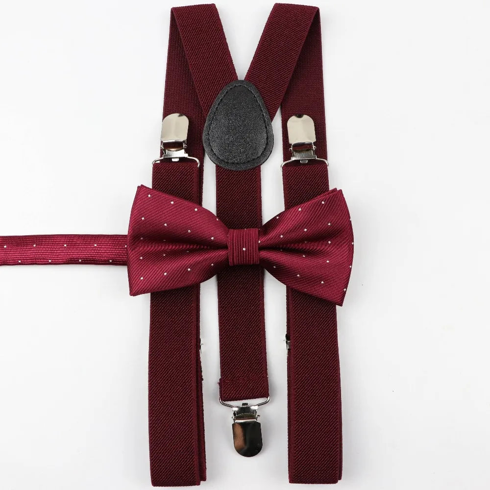 Solid Color Man's Belt Bowtie Set Men Women Suspenders Polyester Y-Back Braces Star Silver Point Bow Tie Adjustable Elastic