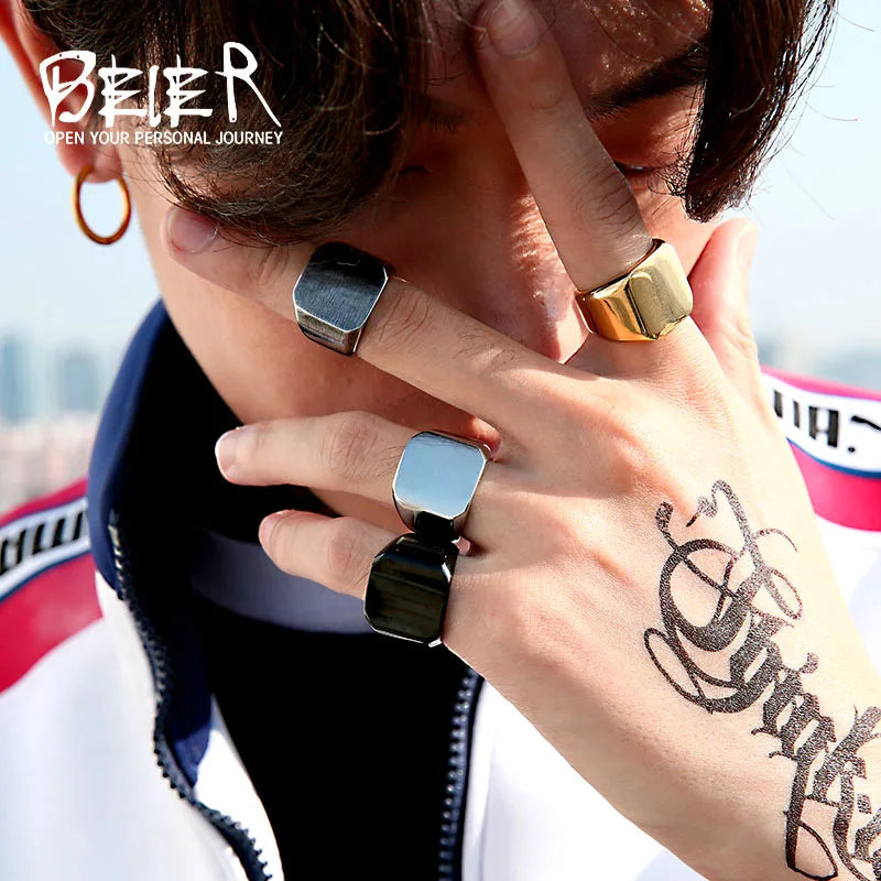 BEIER  Men's High Polished Fashion Man's 316L Stainless Steel Biker Unique Golden Black Square Ring For Men Gift BR8-177