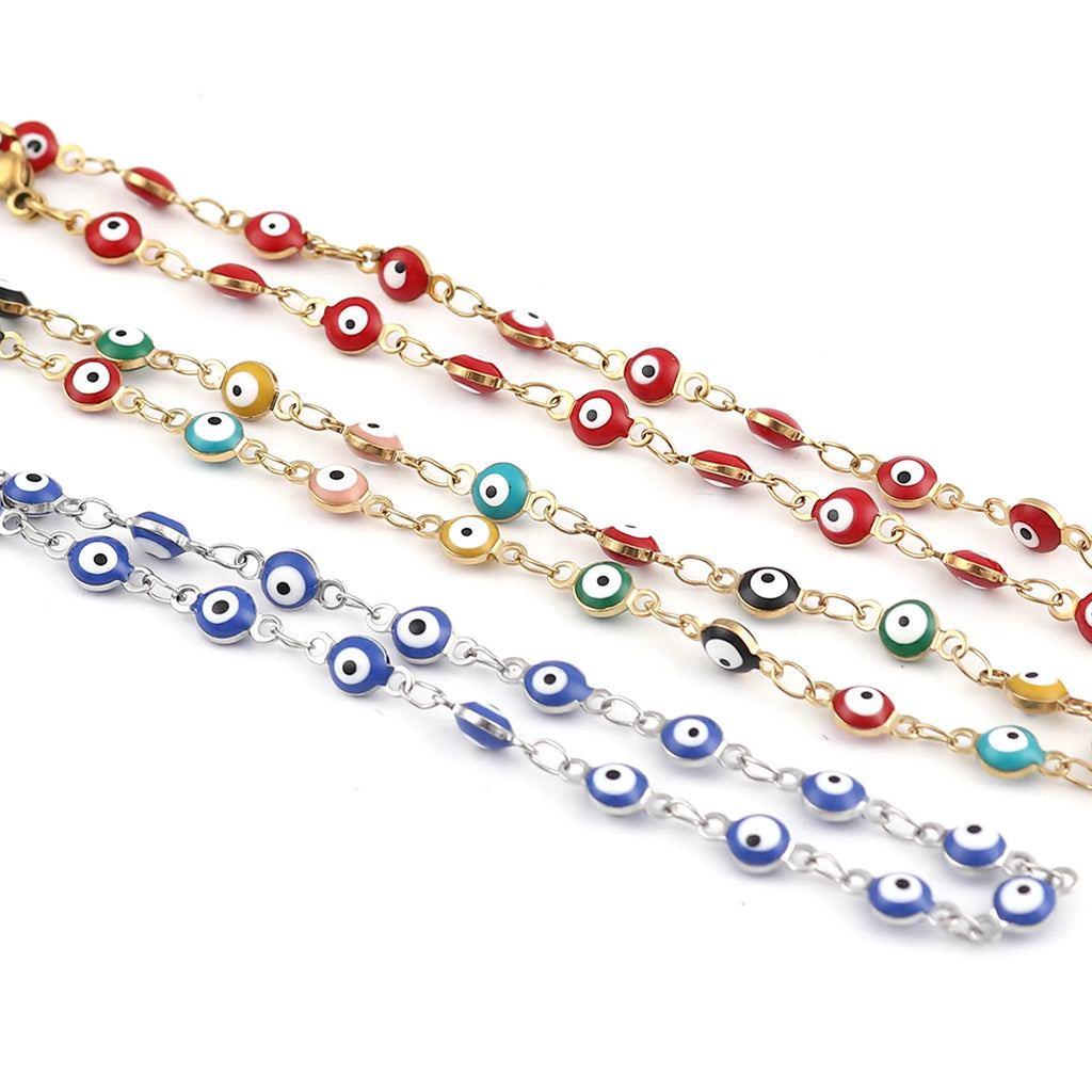 Stainless Steel Anklet Enamel Round Evil Eye Anklets Bracelets For Women Man Summer Jewelry Gifts 23cm(9") long, 1 Piece