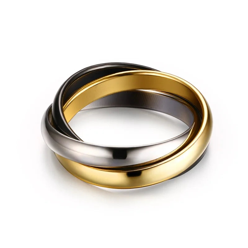 Stainless Steel Interlocked Triple Ring for Women Multi Color Wedding Band Bague Three in One