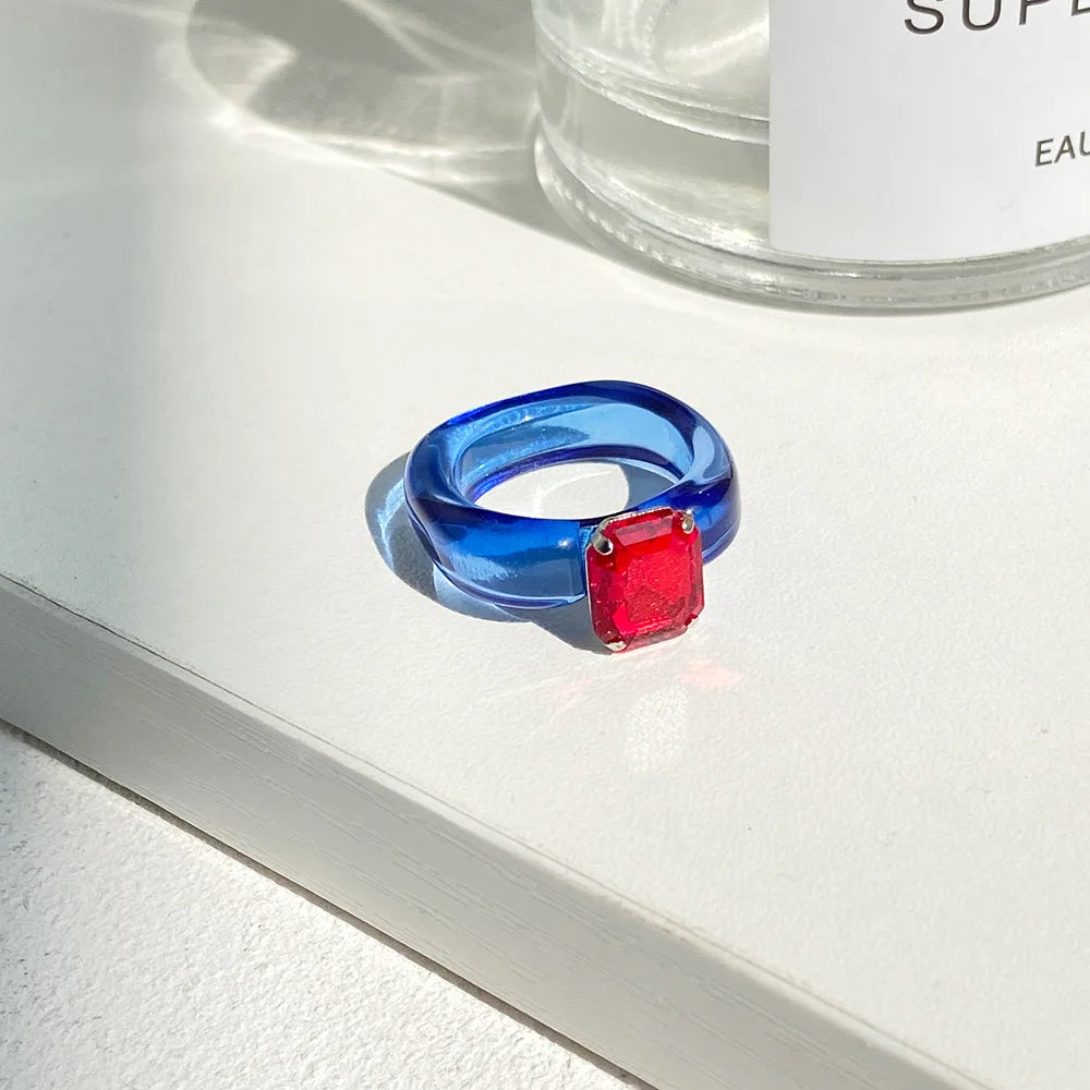 HI MAN Fashion Simple Inlaid Colorful Zircon Resin Ring Women Sweet Cute Birthday Party Commemorative Jewelry Gift