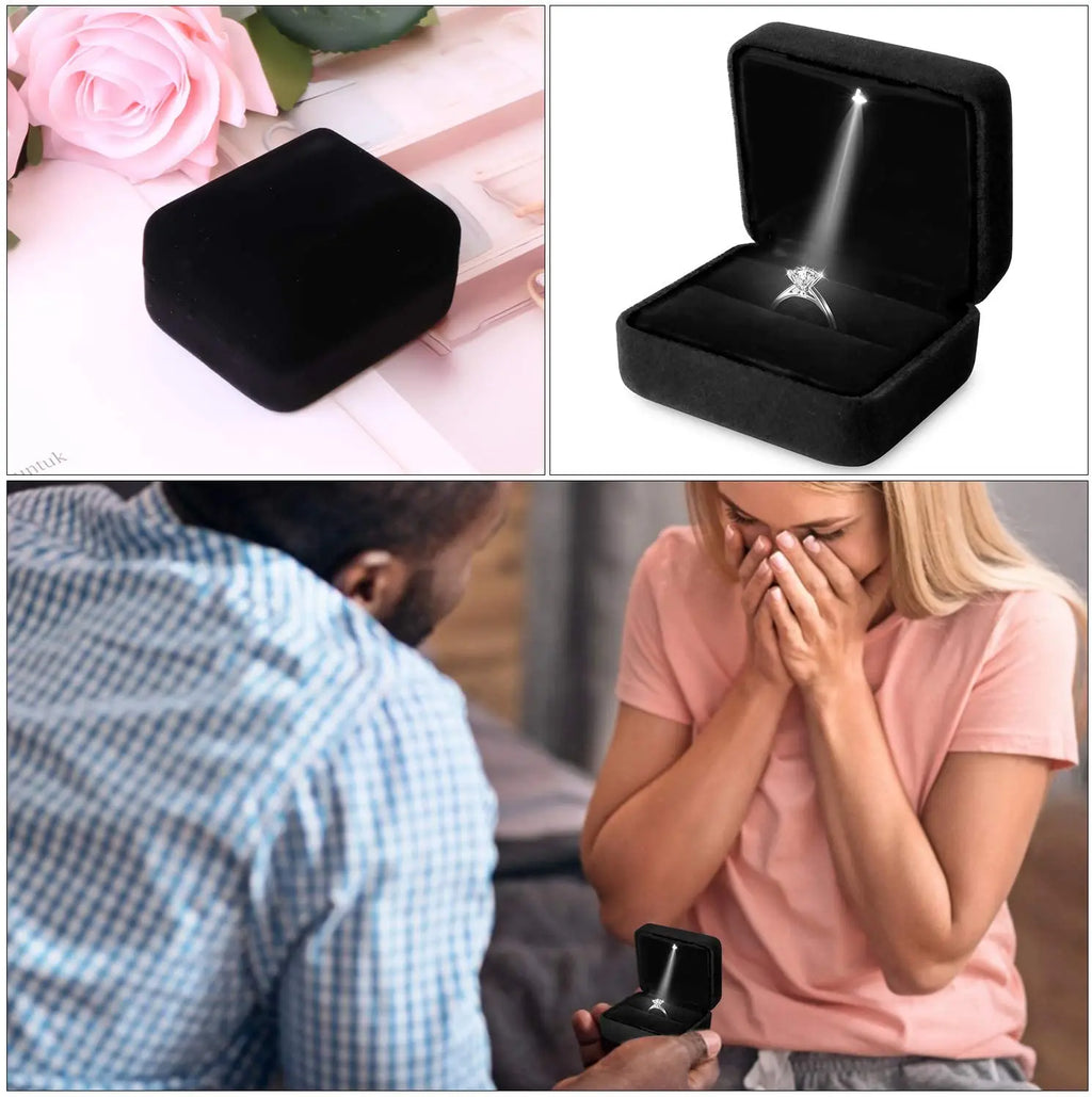 Square Velvet Ring Box LED Light Jewelry Gift Display Case Engagement and Wedding Ring Box Holder Case Storage Gift Box