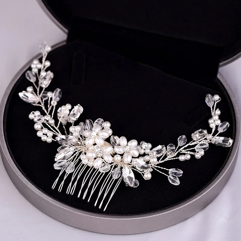 Bridal Hair Comb Pearl Tiaras for Women Wedding Hair Accessories Fashion Flower Hairpin Girl Lady Hairband Marriage Hair Jewelry
