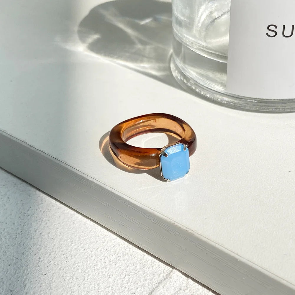 HI MAN Fashion Simple Inlaid Colorful Zircon Resin Ring Women Sweet Cute Birthday Party Commemorative Jewelry Gift