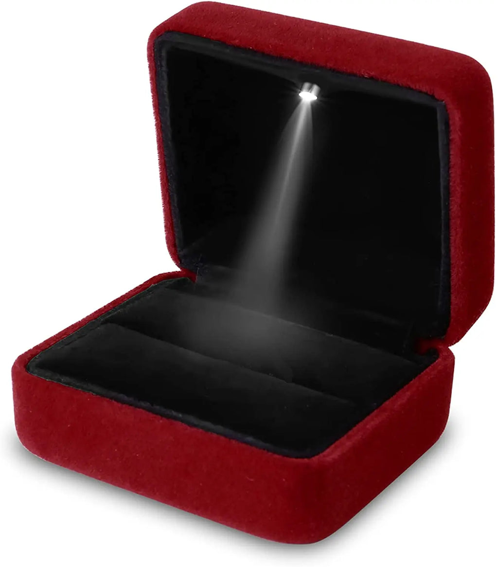 Square Velvet Ring Box LED Light Jewelry Gift Display Case Engagement and Wedding Ring Box Holder Case Storage Gift Box