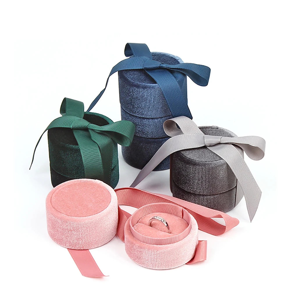 Velvet Round Silk Ribbon Jewelry Box Ring Necklace Earrings Jewelry Storage Box for Proposal Wedding Jewelry Packaging Display