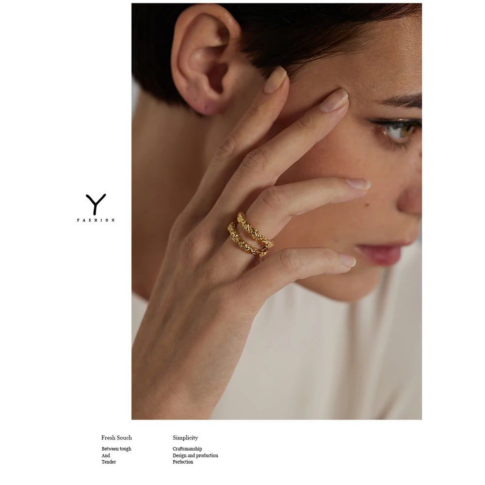 Yhpup Stainless Steel Round Rings For Women Gold Texture Metal 18 K Plated Statement Trendy Jewelry Bagues Pour Femme Gift
