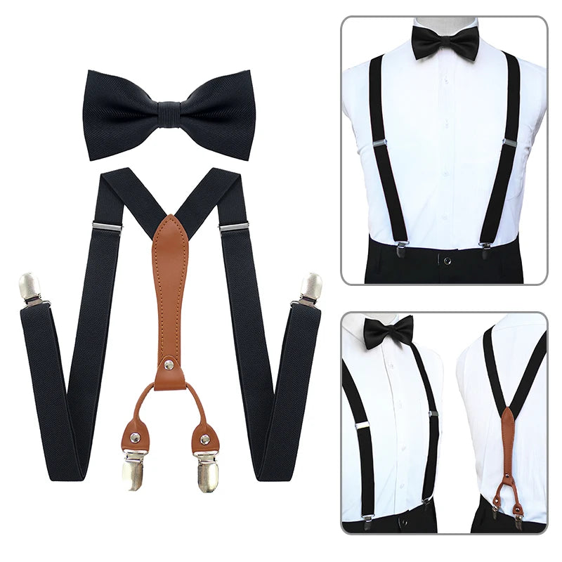 Adjustable Elasticated Y Shape Men Suspenders Bowtie  Set Black Elastic Clip-on Braces Belt with Leather  Suit  Business Wedding