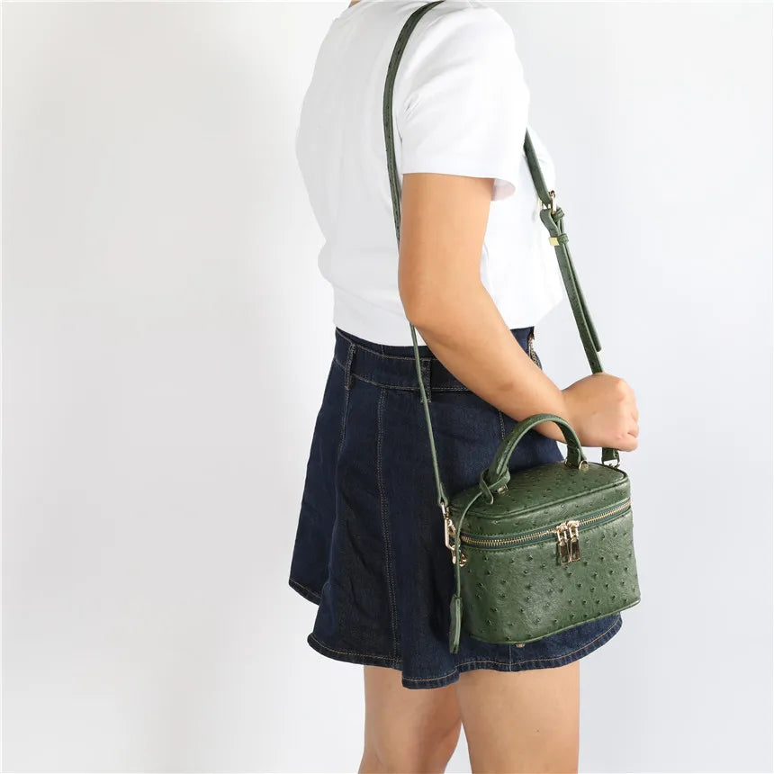 TOPHIGH Custom Design  Round Green Ostrich Leather Box Bag For Women 2025 Retro Bucket  Tote Bag  Snake Pattern Boxes Handbag