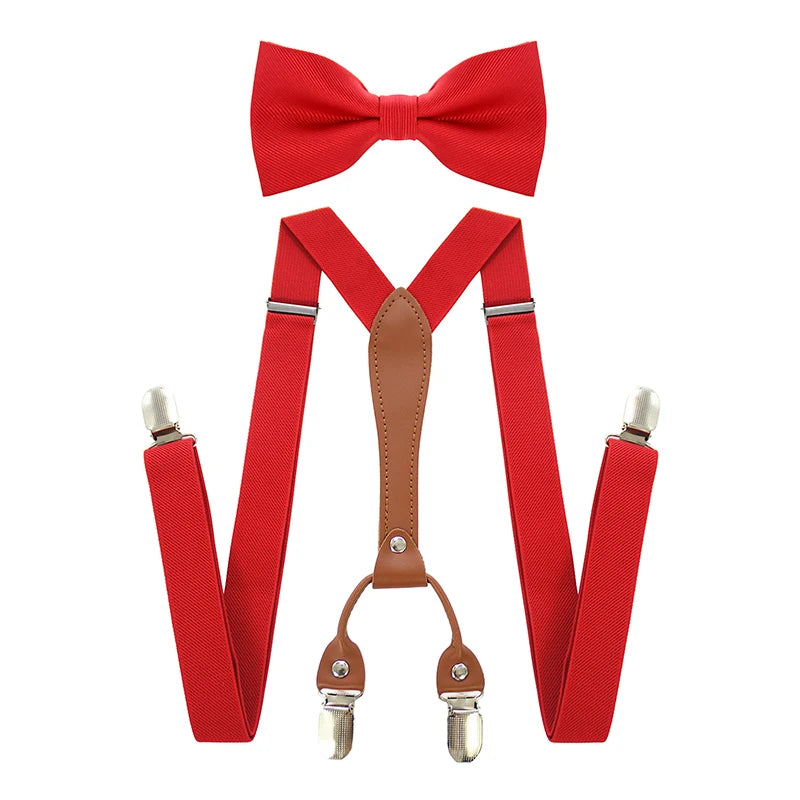 Adjustable Elasticated Y Shape Men Suspenders Bowtie  Set Black Elastic Clip-on Braces Belt with Leather  Suit  Business Wedding