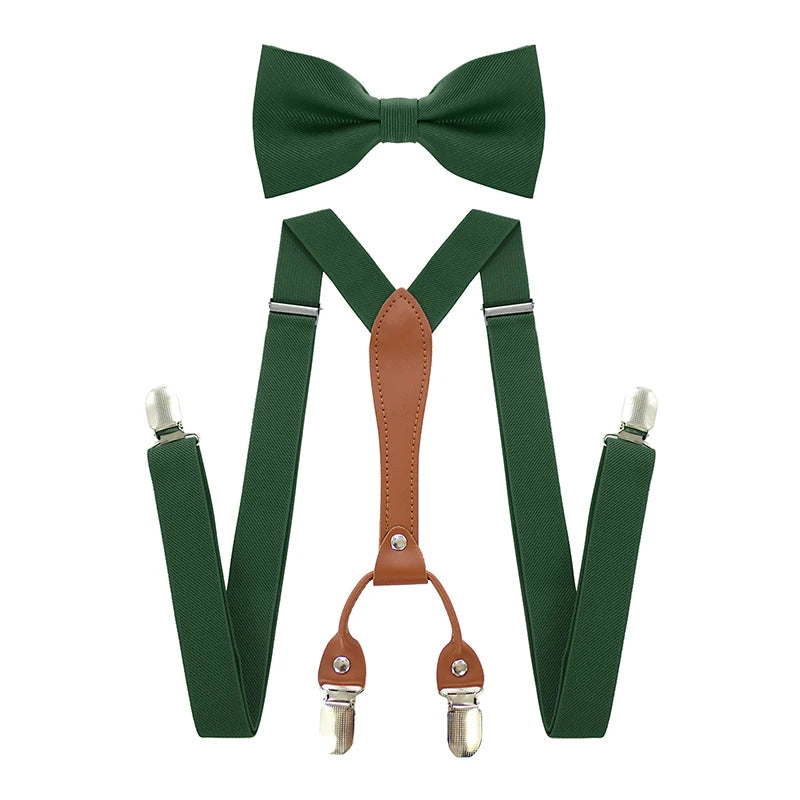 Adjustable Elasticated Y Shape Men Suspenders Bowtie  Set Black Elastic Clip-on Braces Belt with Leather  Suit  Business Wedding