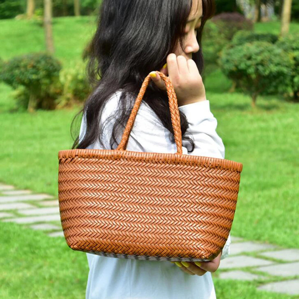 Women Leather Weave Handbags Feminine Handmade Woven Bucket Bag With Cotton Inner Pockets Casual Knitting Leather Handle Bags