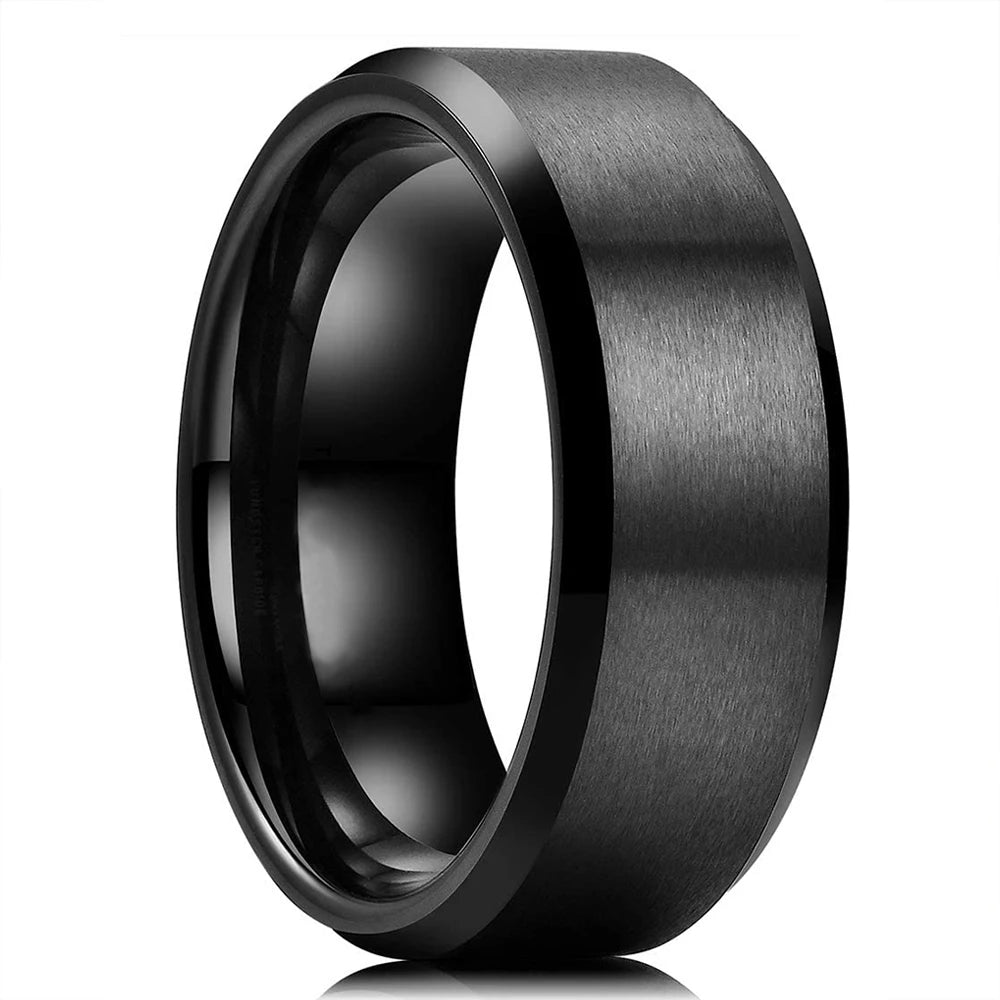 2023 Trendy Men's 8mm Black Titanium Wedding Band Rings Double Black Groove Beveled Edge Stainless Steel Engagement Ring For Men
