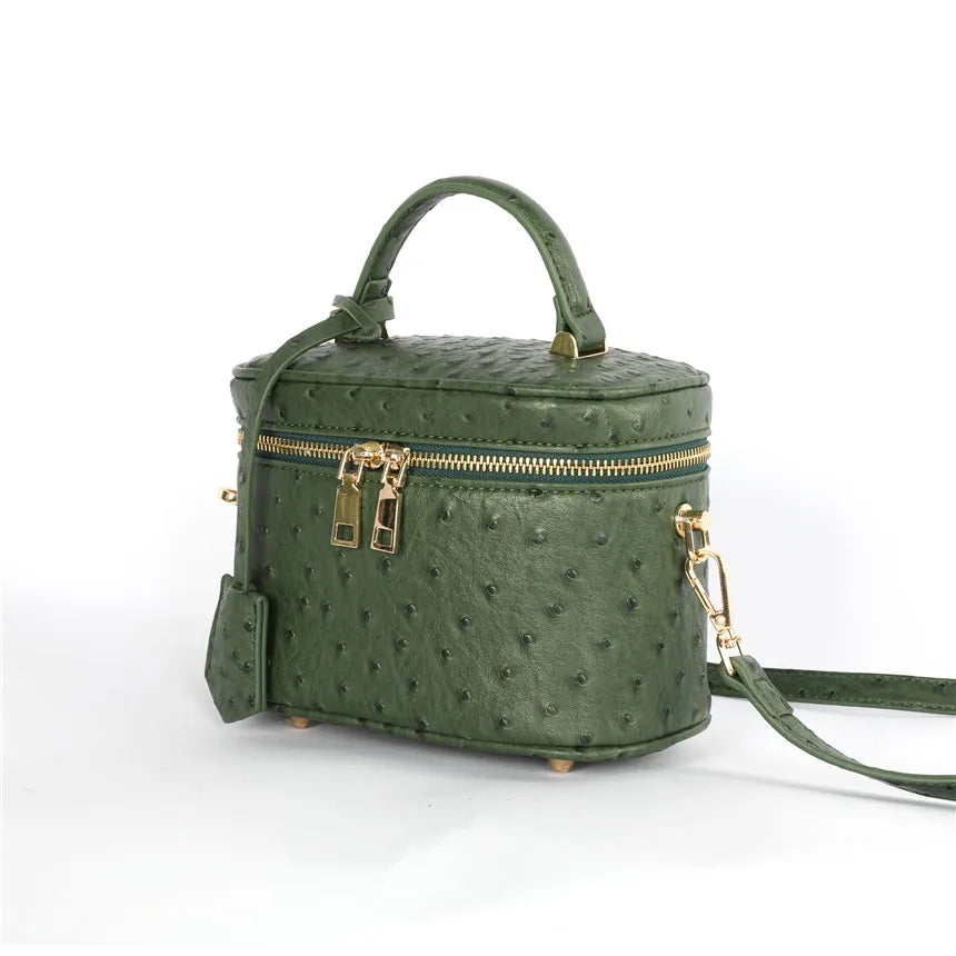 TOPHIGH Custom Design  Round Green Ostrich Leather Box Bag For Women 2025 Retro Bucket  Tote Bag  Snake Pattern Boxes Handbag